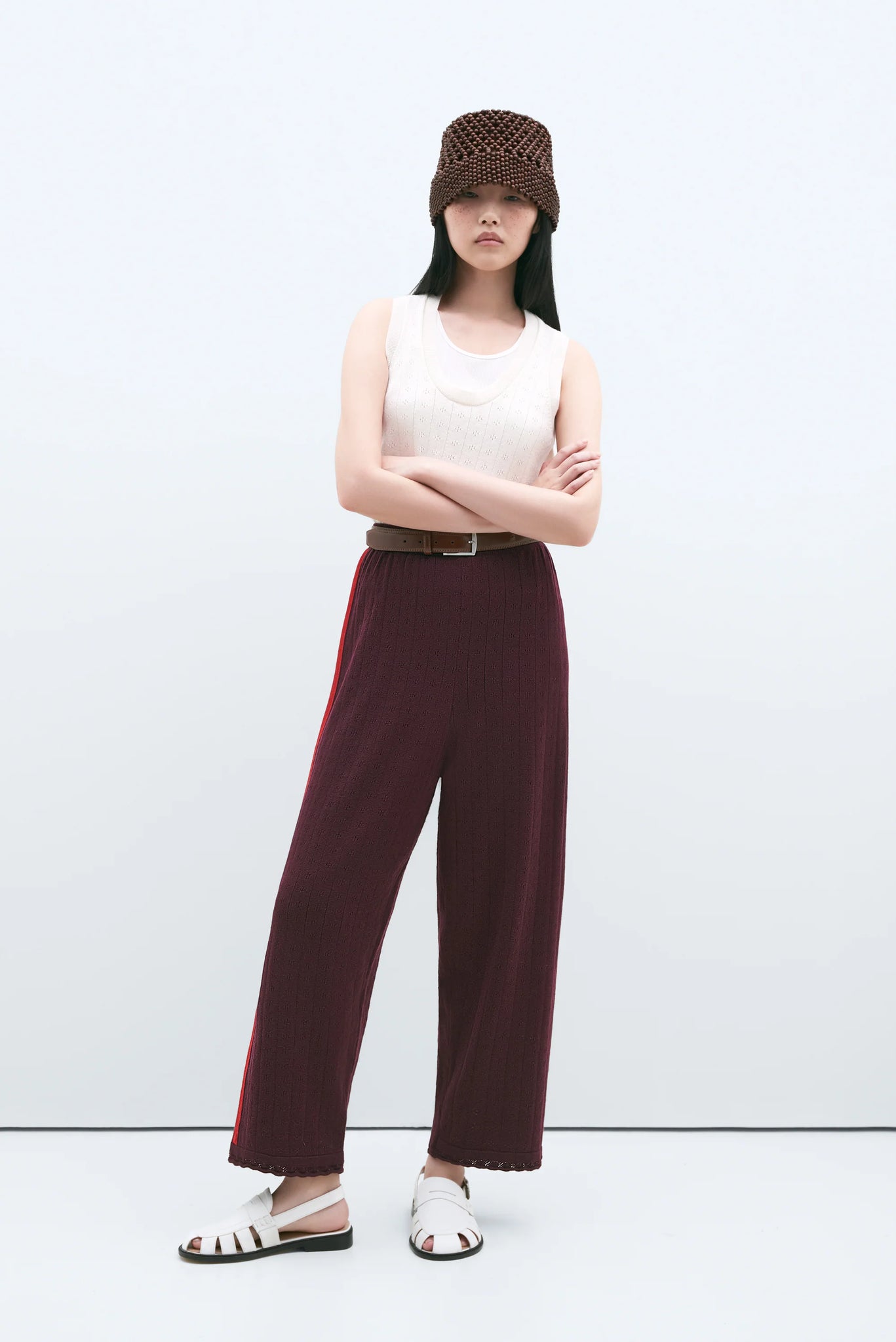 Merino Pointelle Pants in Burgundy